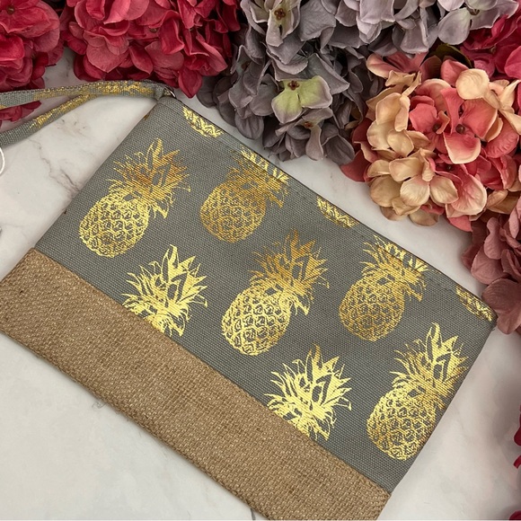 Grayish Blue & Metallic Gold Pineapple Makeup Cosmetic Wristlet Clutch Bag - Picture 3 of 11